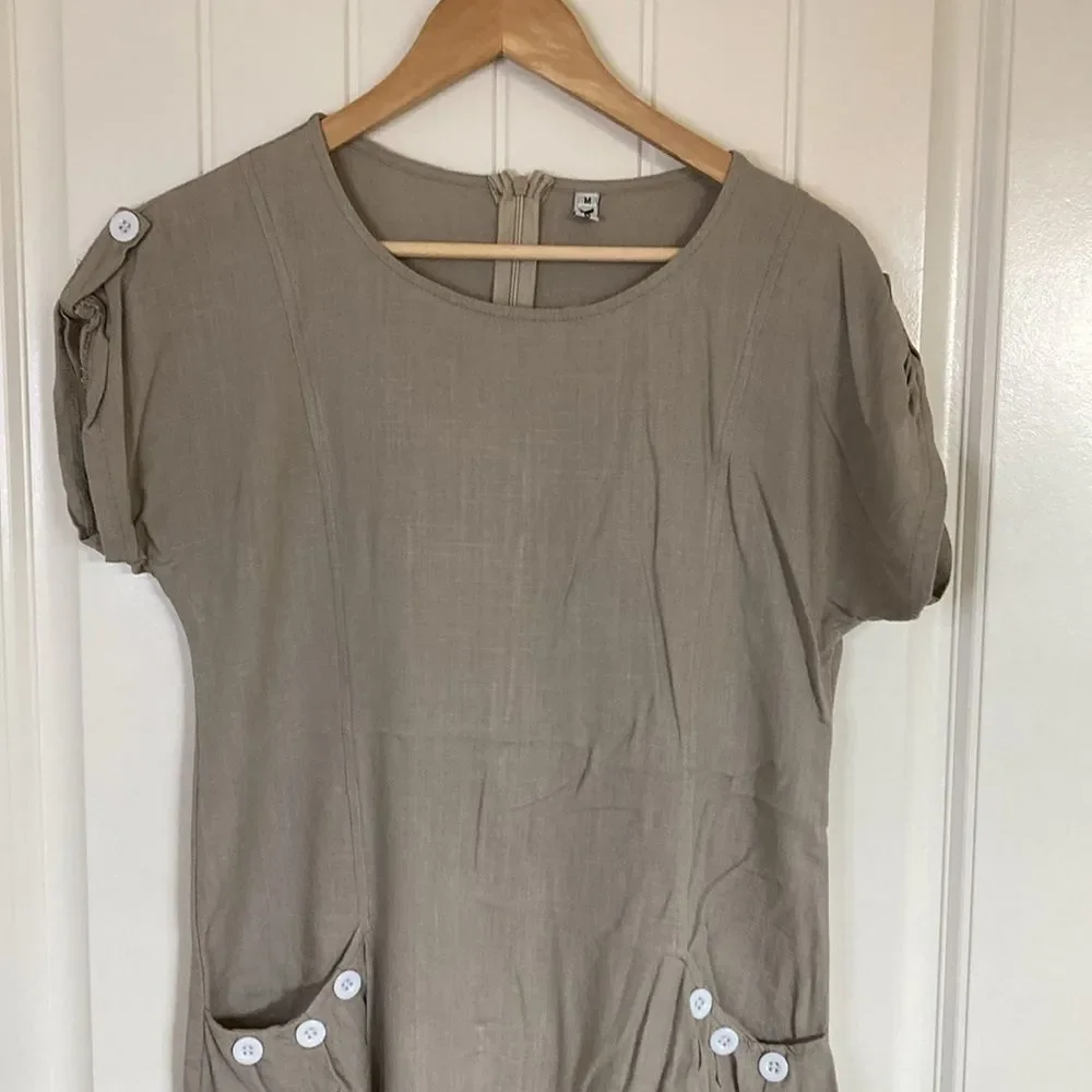 Yidartan Womens Short Sleeve Linen Blend Dress‎ M Tan Summer Beach Work - Picture 2 of 10